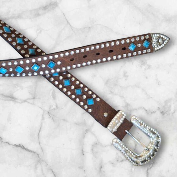 Nocona Belt Co. Leather Turquoise Stud Western Rodeo Festival Rhinestones size M - Picture 2 of 15